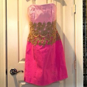 Lilly Pulitzer dress. Sz 6. Sparkly Gold trim on two tone pink strapless dress.
